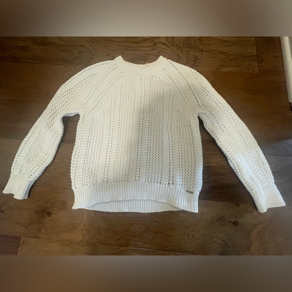 Tahari White Textured  Chunky Knit Cotton Crewneck Sweater Size L
